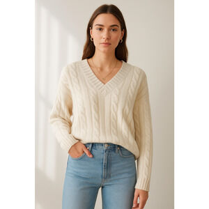 Sunday Best Cable Knit Wool Blend Sweater Ivory V-Neck Pullover SzS SoftNeutral